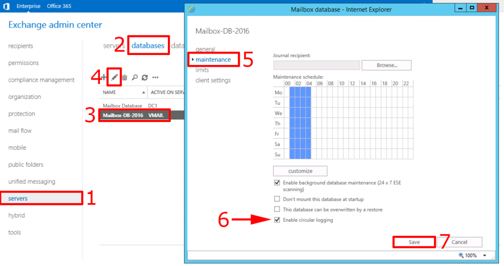 Exchange 2016 2013 Enable Circular Logging PeteNetLive