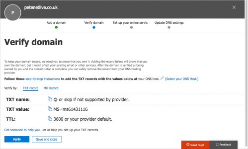 Office365 Add your domain TXT Record