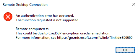RDP Error The Function Requested is not supported