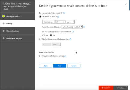 Office 365 Retention Policy Settings